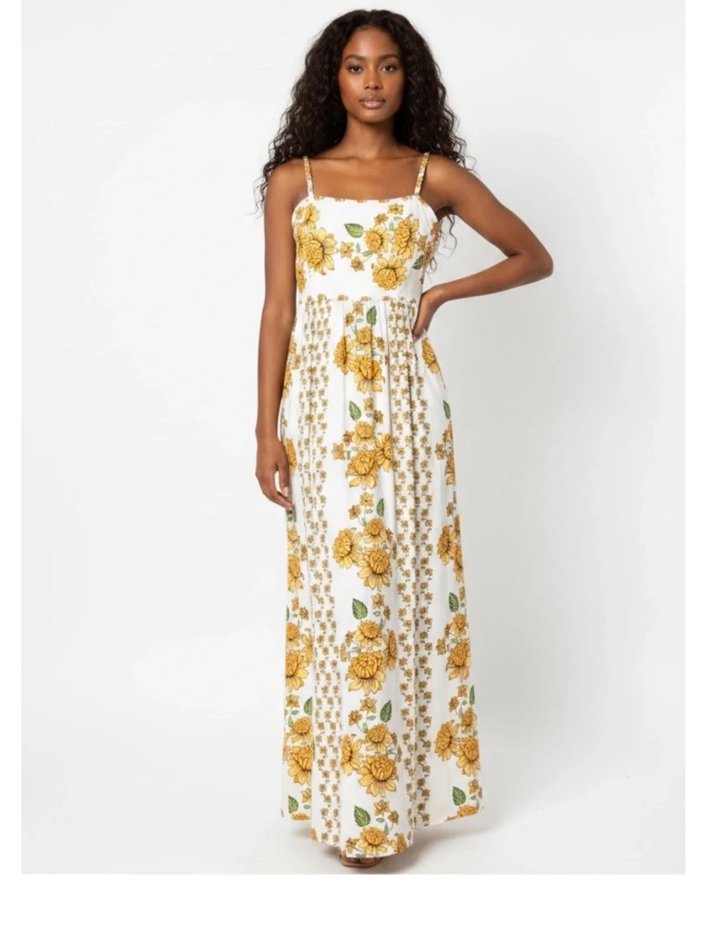 Japana White & Yellow Dahlia Floral Maxi Dress with Spaghetti Straps